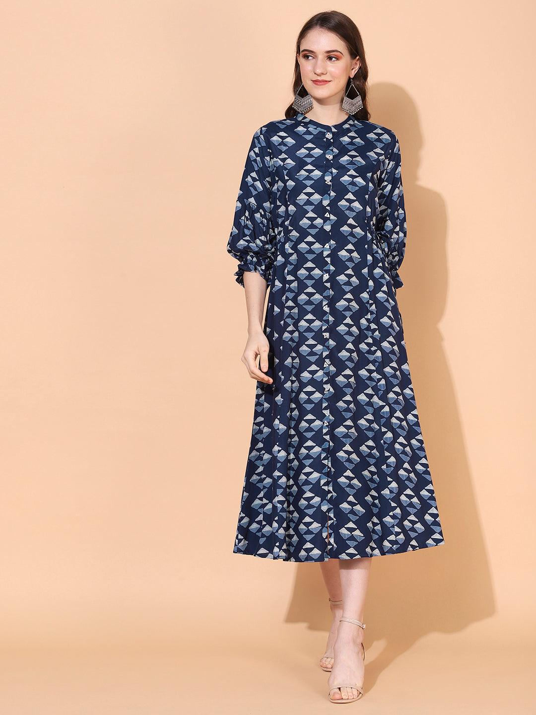 Ethnic Printed A-Line Midi Dress - Blue - Indiakreations