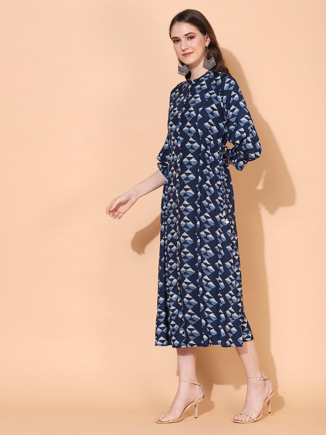 Ethnic Printed A-Line Midi Dress - Blue - Indiakreations