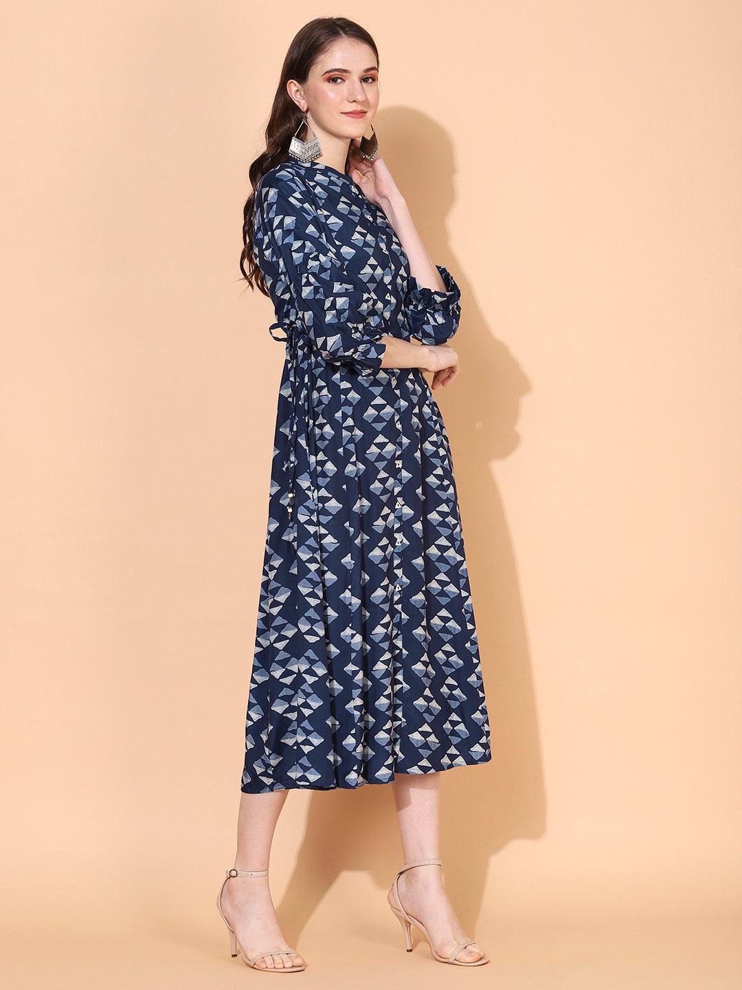 Ethnic Printed A-Line Midi Dress - Blue - Indiakreations