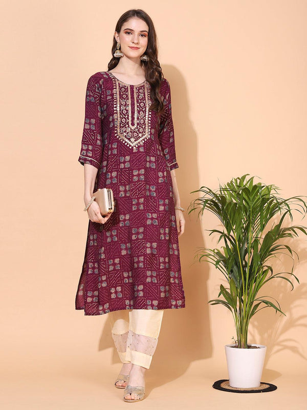 Ethnic Printed & Embroidered Straight Fit Kurta – Purple - Indiakreations