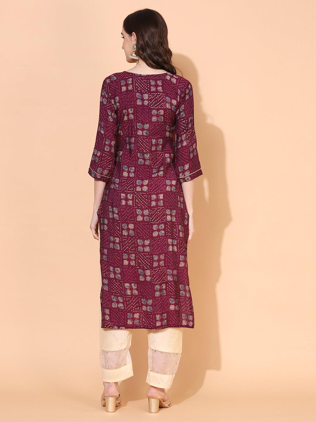 Ethnic Printed & Embroidered Straight Fit Kurta – Purple - Indiakreations