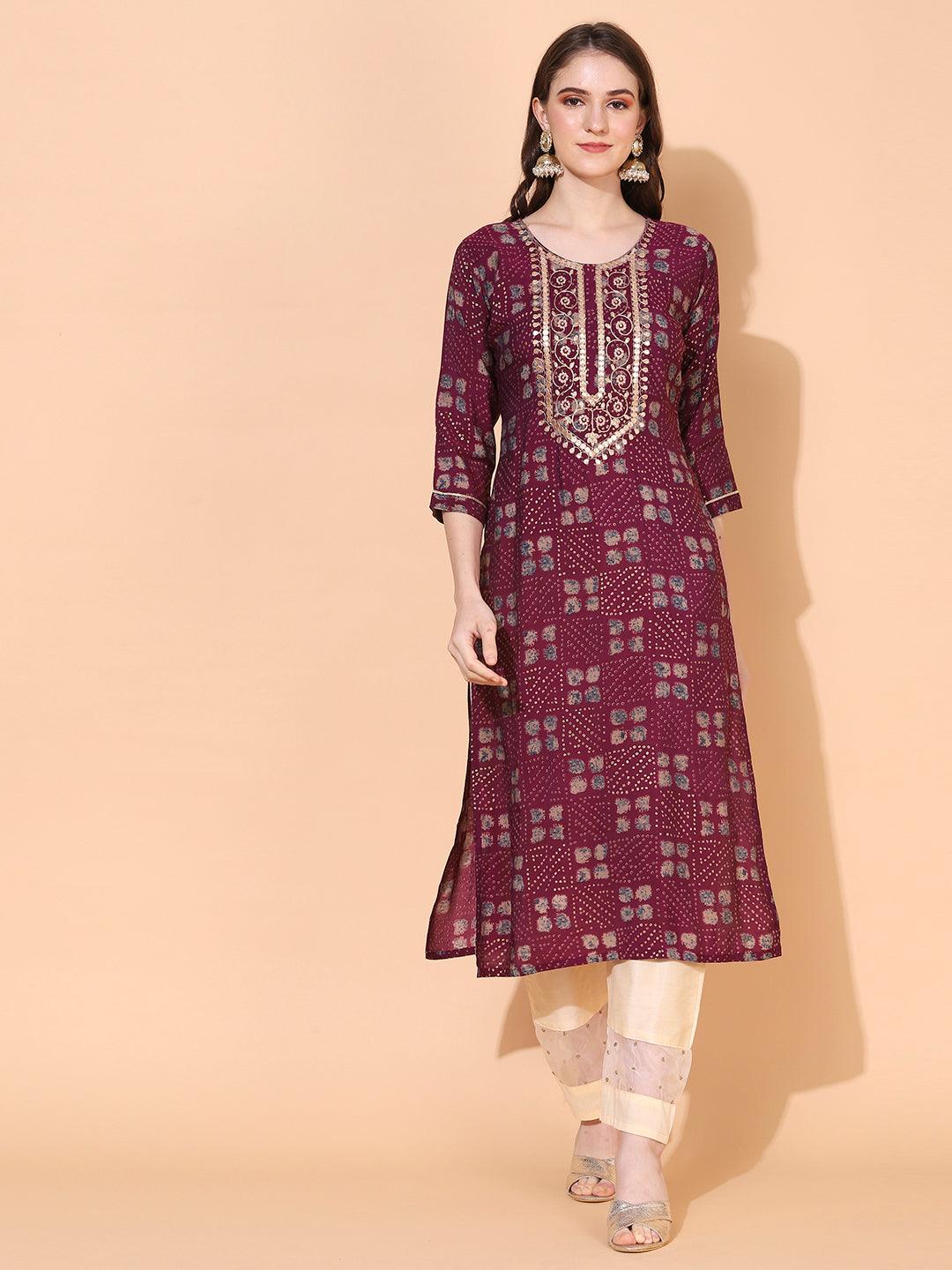 Ethnic Printed & Embroidered Straight Fit Kurta – Purple - Indiakreations