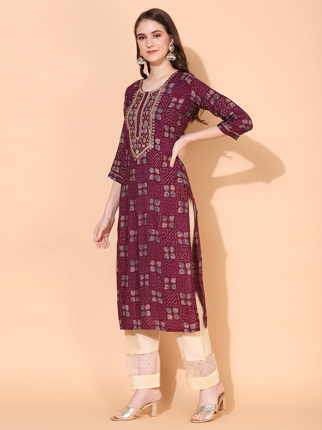 Ethnic Printed & Embroidered Straight Fit Kurta – Purple - Indiakreations