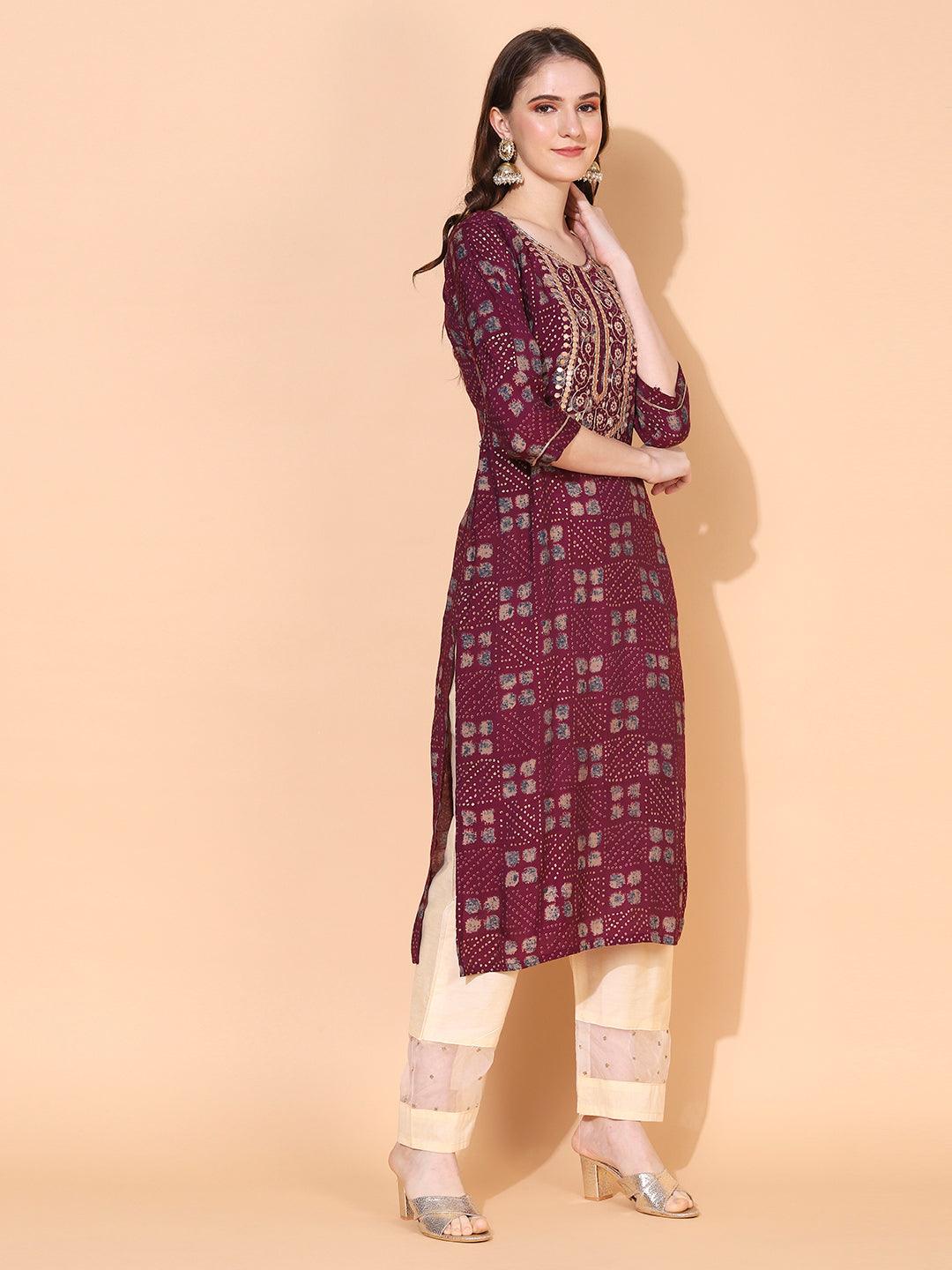 Ethnic Printed & Embroidered Straight Fit Kurta – Purple - Indiakreations