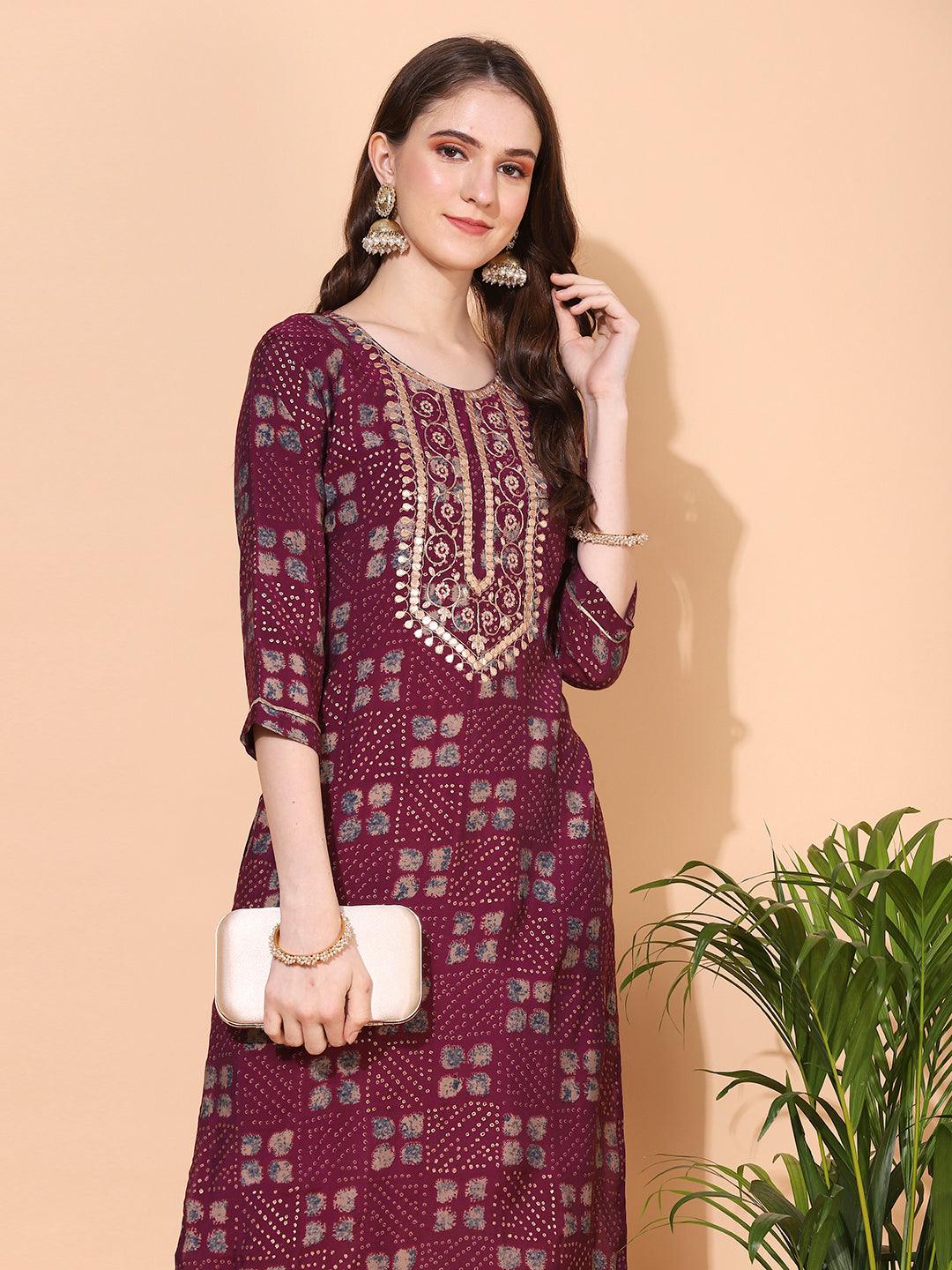 Ethnic Printed & Embroidered Straight Fit Kurta – Purple - Indiakreations