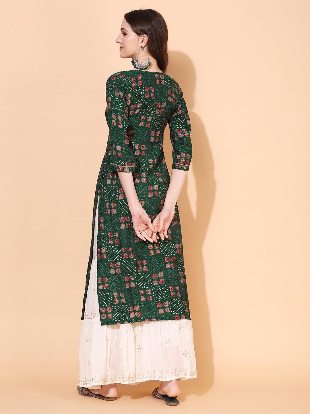 Ethnic Printed & Embroidered Straight Fit Kurta – Dark Green - Indiakreations