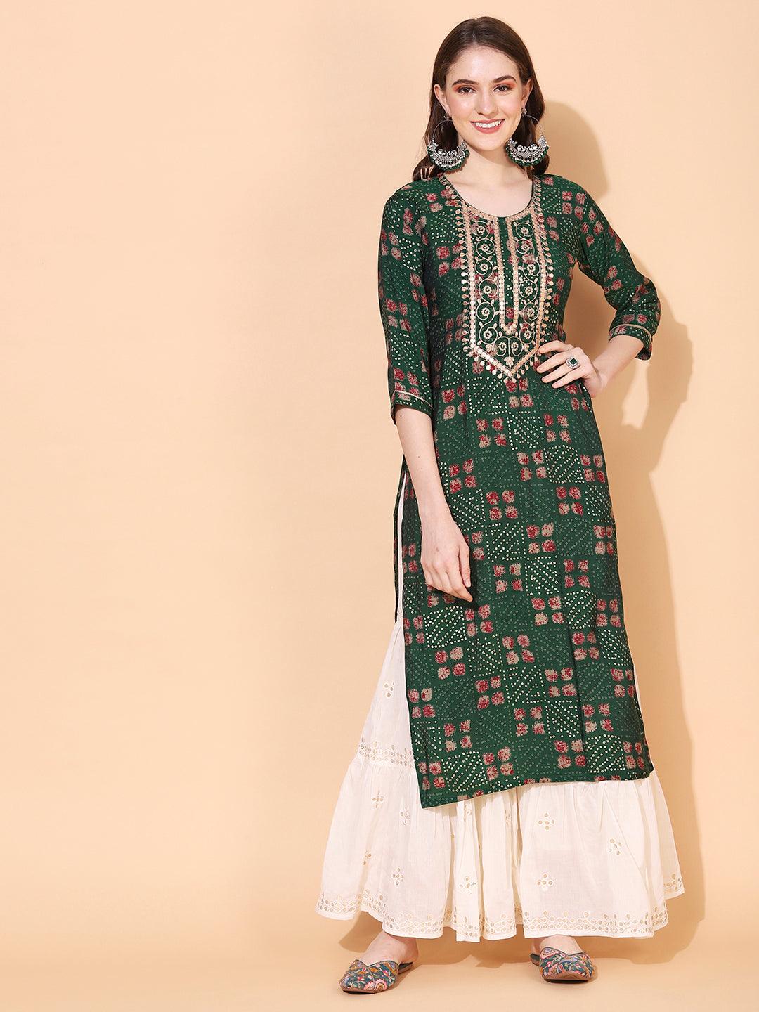 Ethnic Printed & Embroidered Straight Fit Kurta – Dark Green - Indiakreations