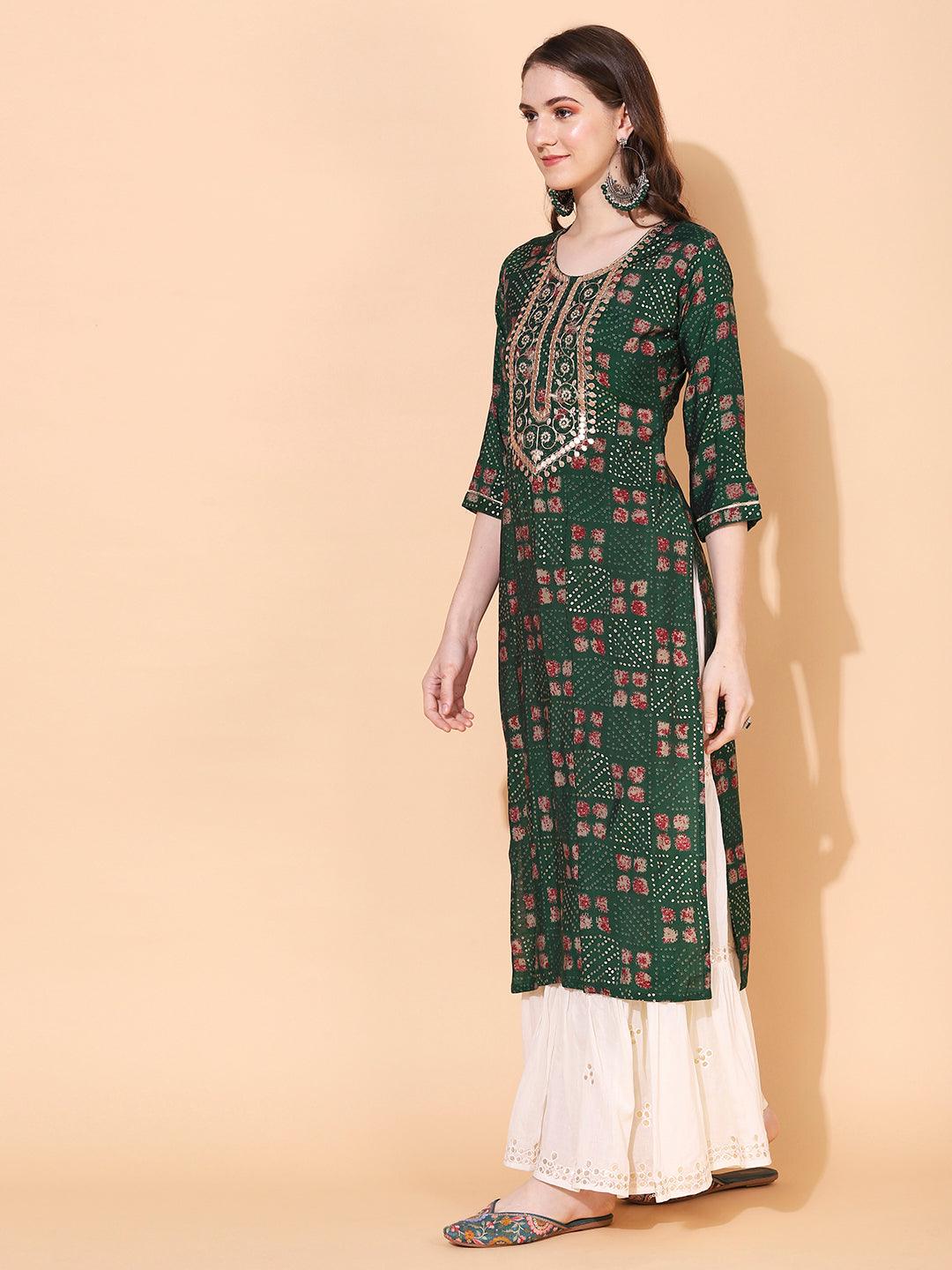 Ethnic Printed & Embroidered Straight Fit Kurta – Dark Green - Indiakreations