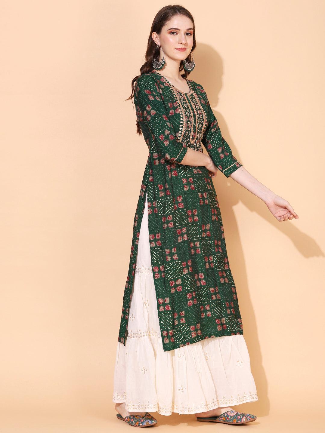 Ethnic Printed & Embroidered Straight Fit Kurta – Dark Green - Indiakreations