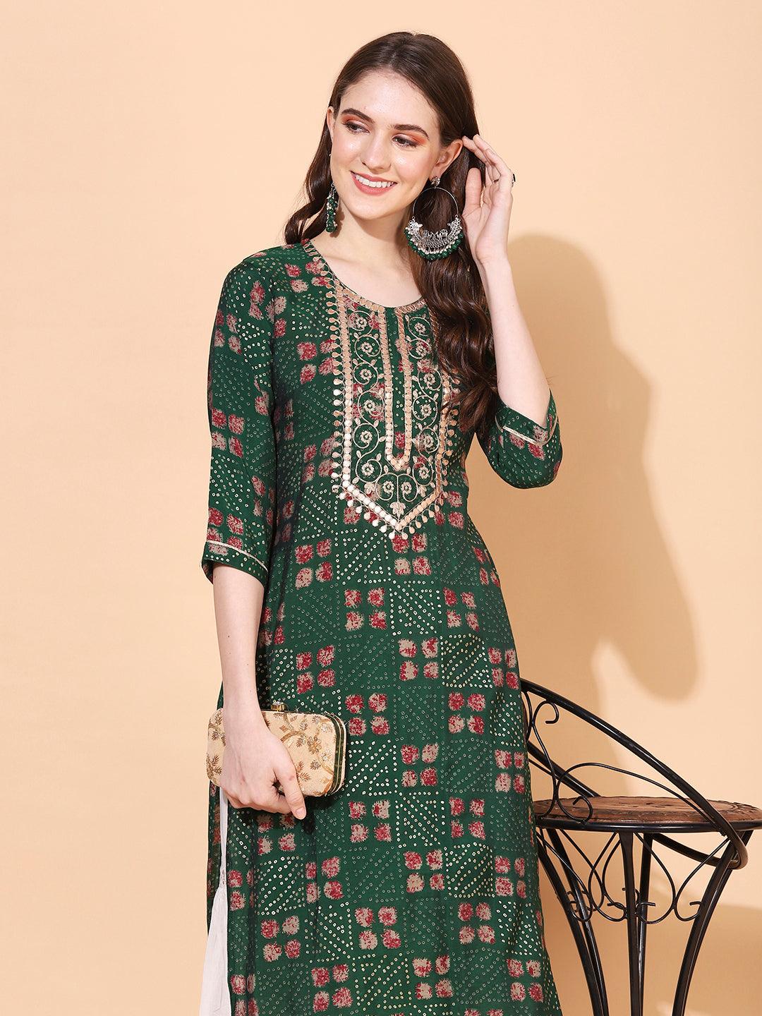 Ethnic Printed & Embroidered Straight Fit Kurta – Dark Green - Indiakreations