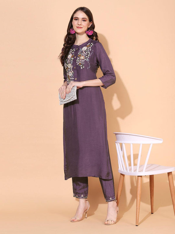 Floral Hand Embroidered Straight Fit Kurta with Pant - Purple - Indiakreations