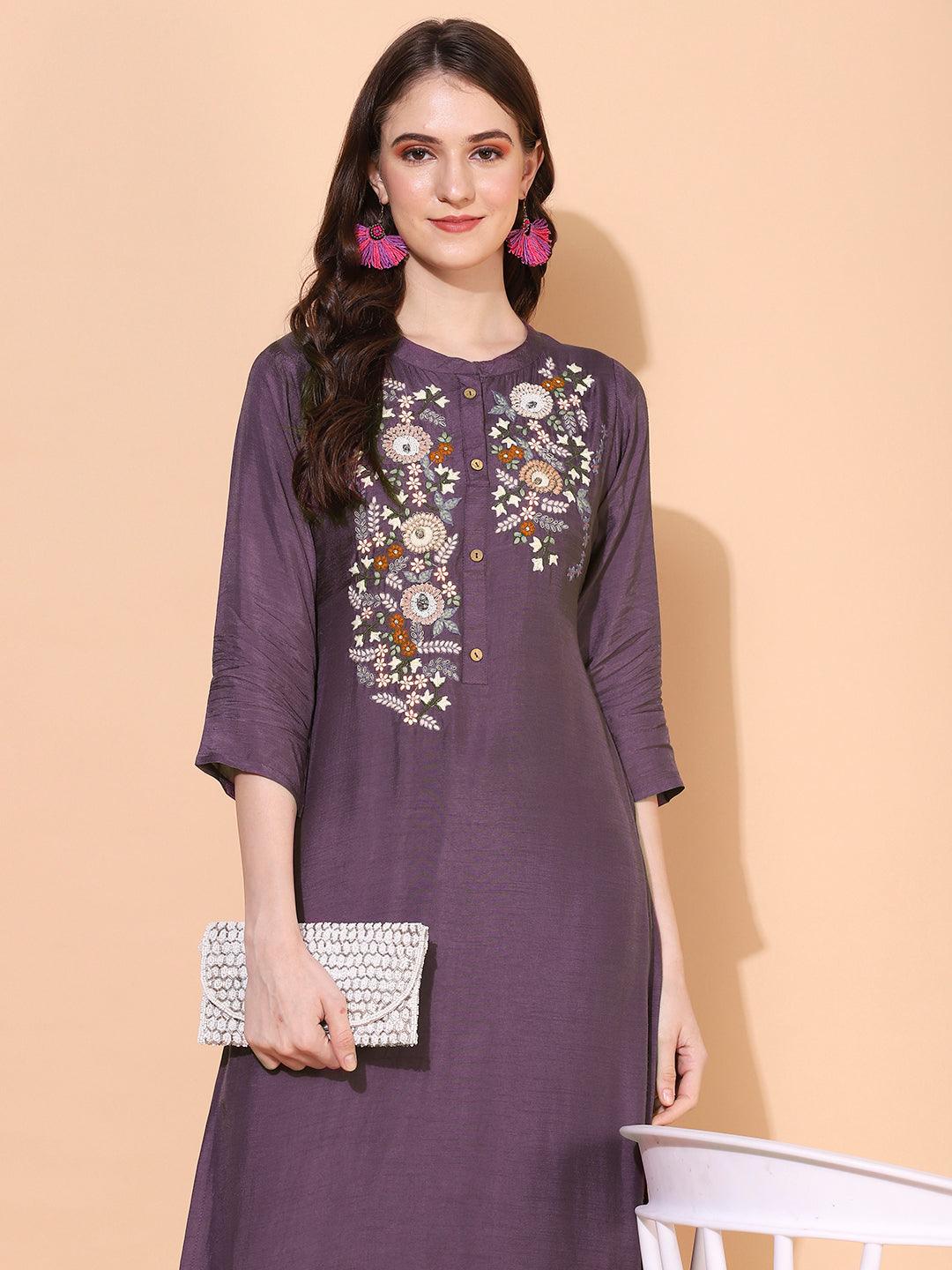 Floral Hand Embroidered Straight Fit Kurta with Pant - Purple - Indiakreations