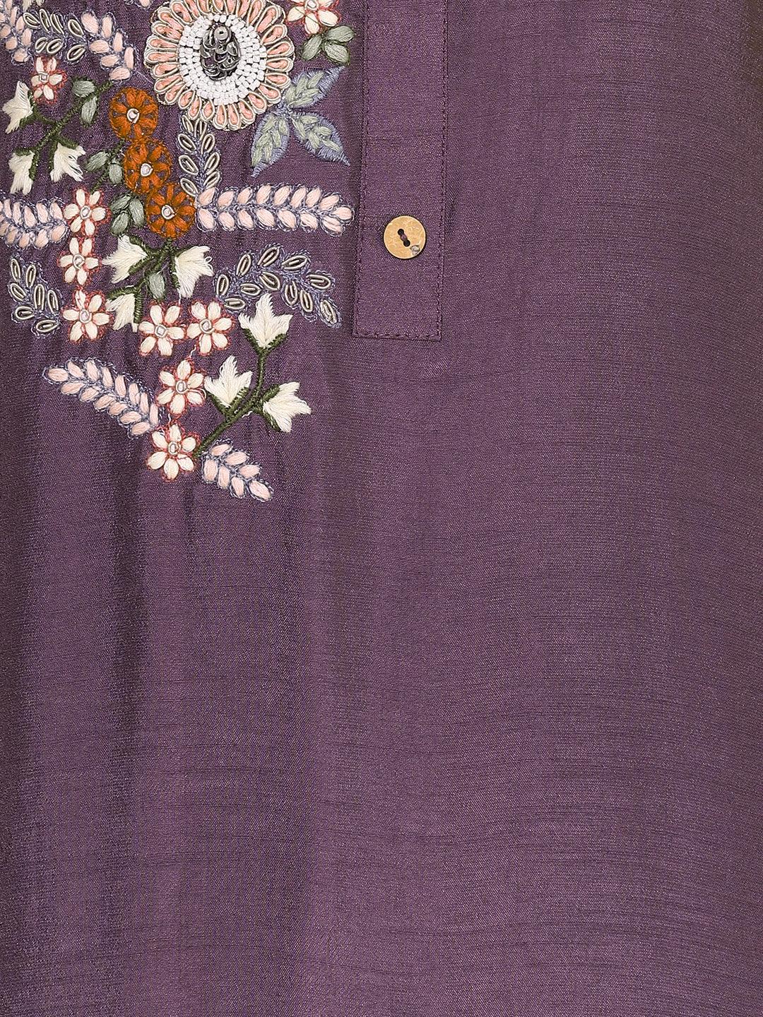 Floral Hand Embroidered Straight Fit Kurta with Pant - Purple - Indiakreations