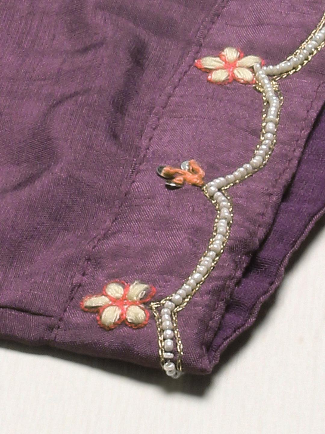 Floral Hand Embroidered Straight Fit Kurta with Pant - Purple - Indiakreations