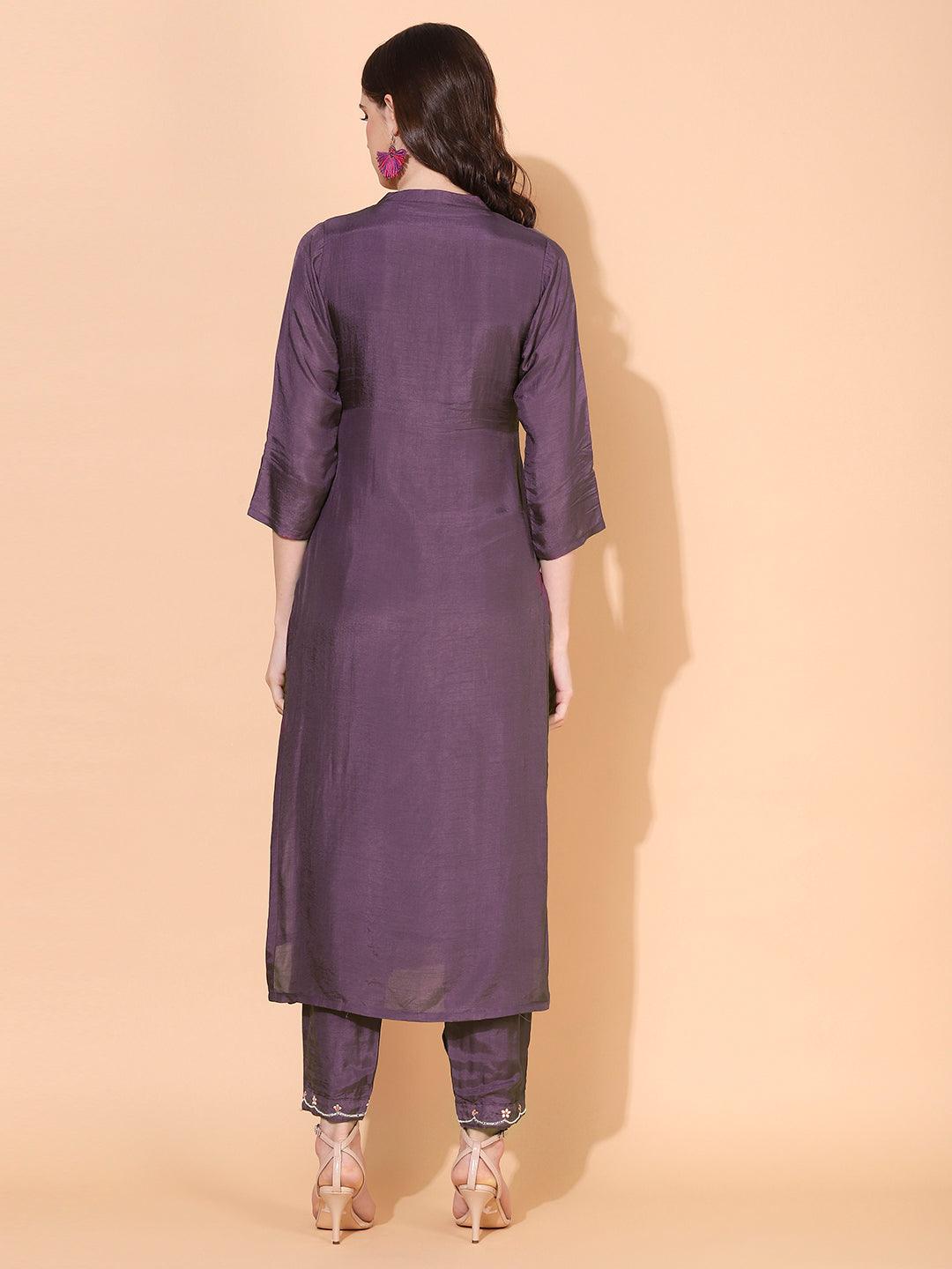 Floral Hand Embroidered Straight Fit Kurta with Pant - Purple - Indiakreations