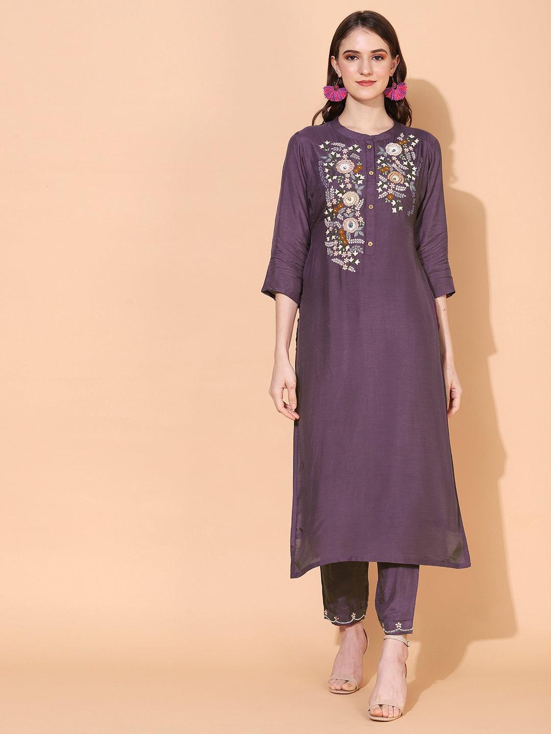 Floral Hand Embroidered Straight Fit Kurta with Pant - Purple - Indiakreations