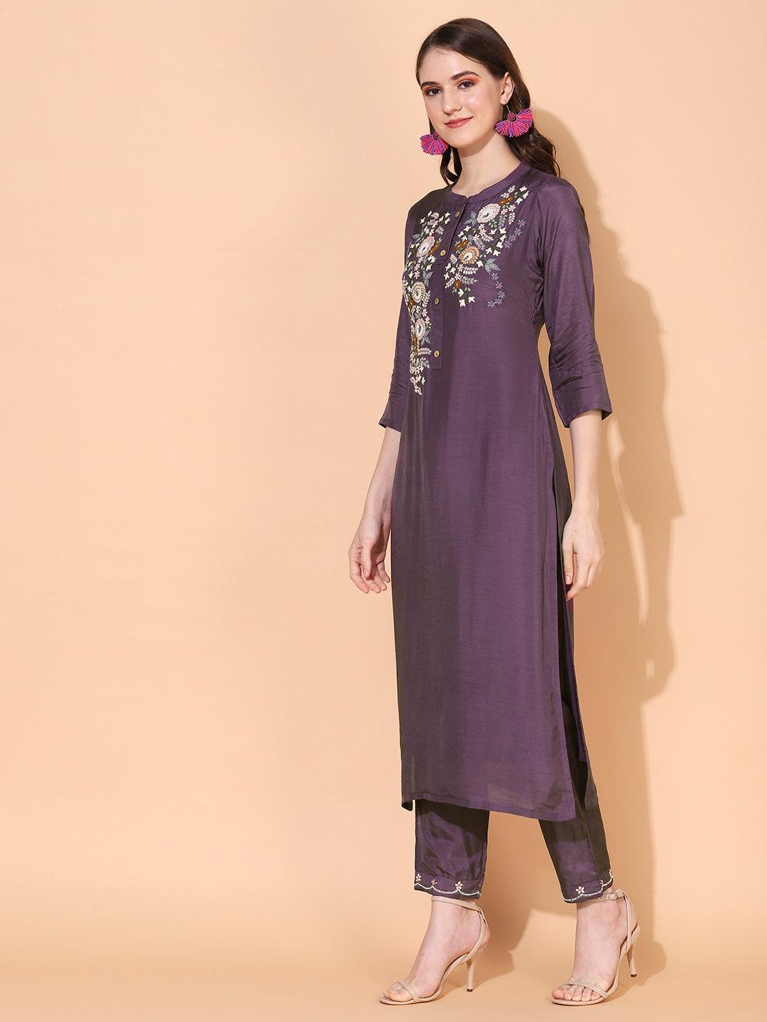 Floral Hand Embroidered Straight Fit Kurta with Pant - Purple - Indiakreations