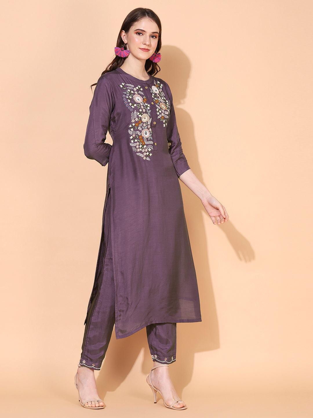 Floral Hand Embroidered Straight Fit Kurta with Pant - Purple - Indiakreations