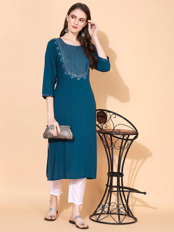 Ethnic Embroidered Straight Fit Kurta – Teal blue - Indiakreations