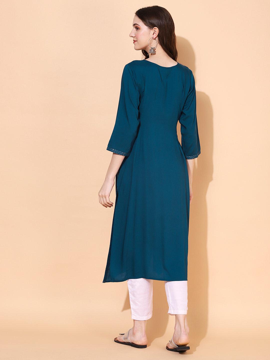 Ethnic Embroidered Straight Fit Kurta – Teal blue - Indiakreations