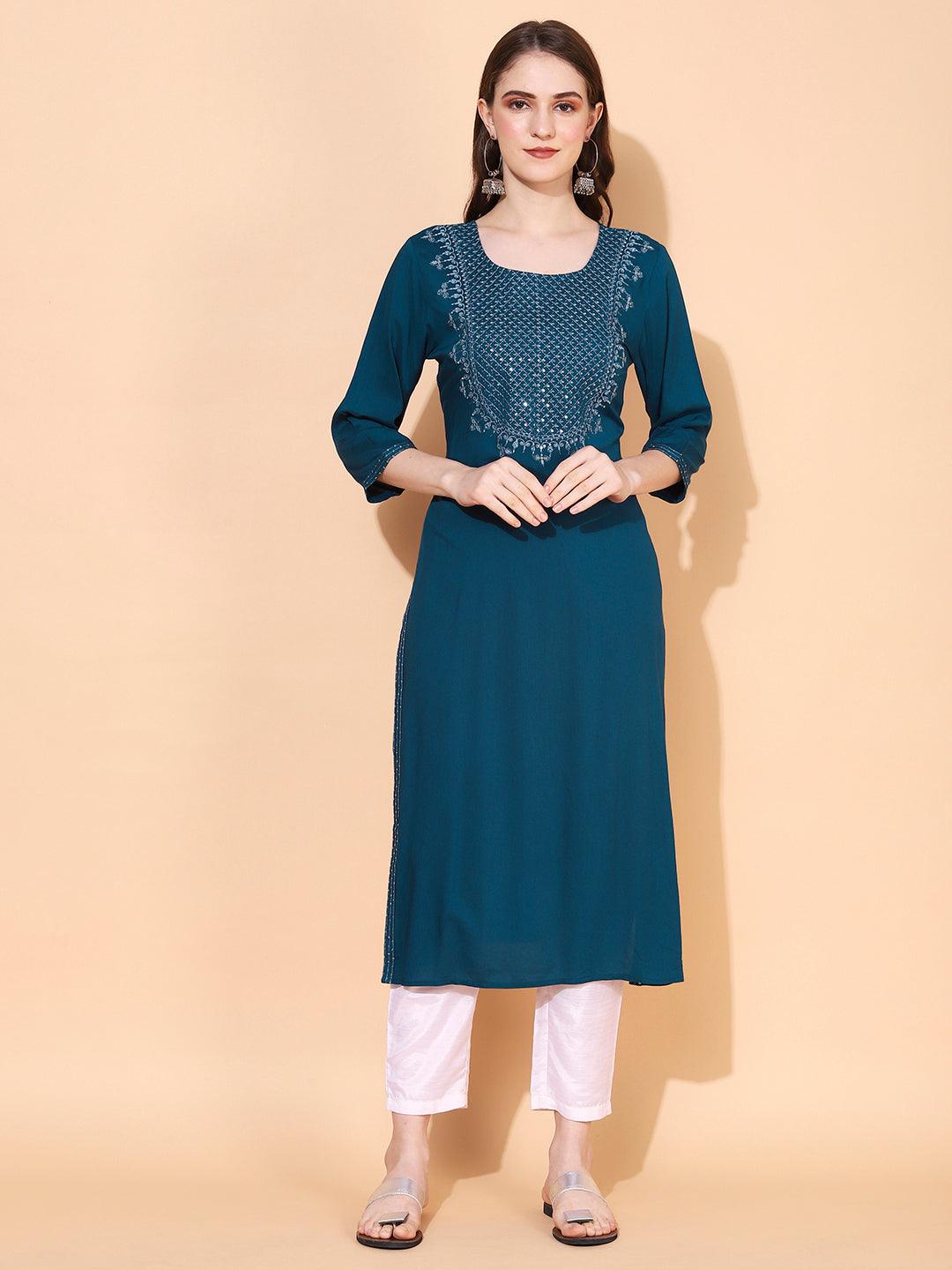 Ethnic Embroidered Straight Fit Kurta – Teal blue - Indiakreations