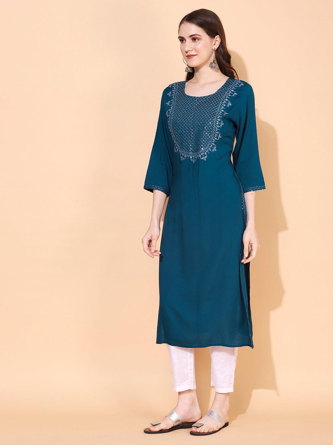 Ethnic Embroidered Straight Fit Kurta – Teal blue - Indiakreations