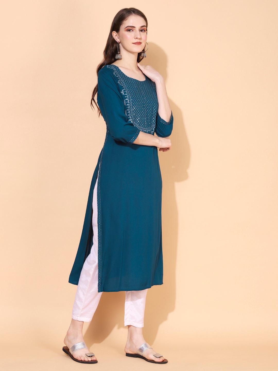 Ethnic Embroidered Straight Fit Kurta – Teal blue - Indiakreations