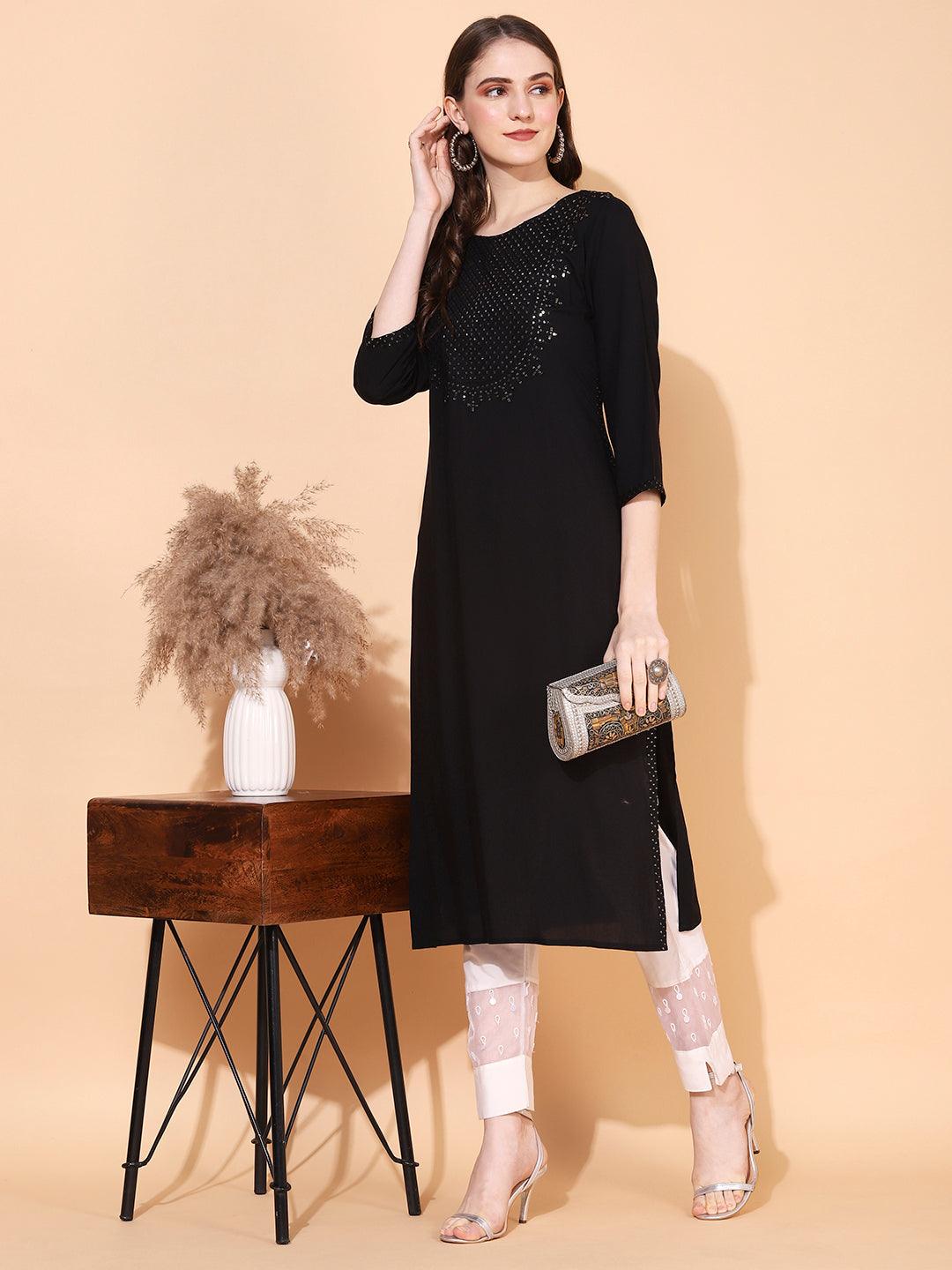 Ethnic Embroidered Straight Fit Kurta – Black - Indiakreations