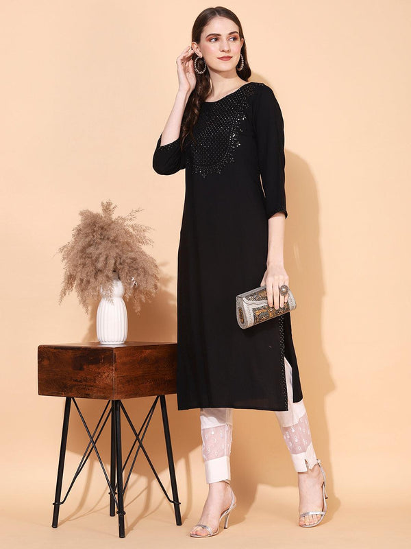 Ethnic Embroidered Straight Fit Kurta – Black - Indiakreations