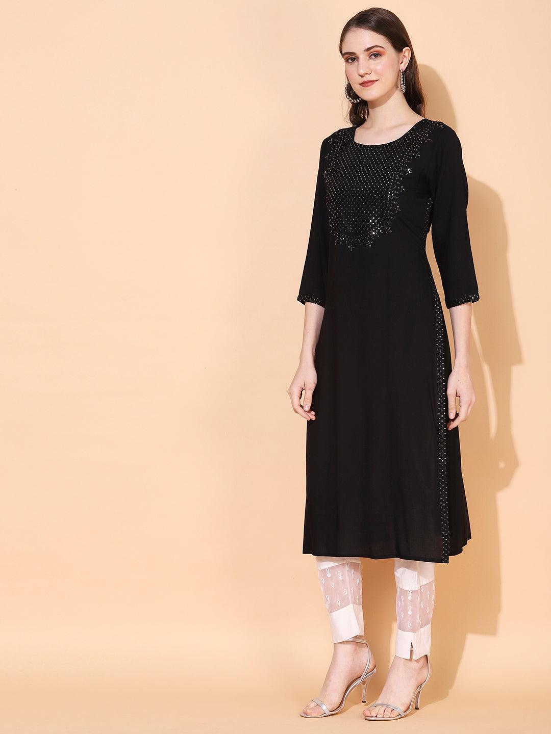 Ethnic Embroidered Straight Fit Kurta – Black - Indiakreations