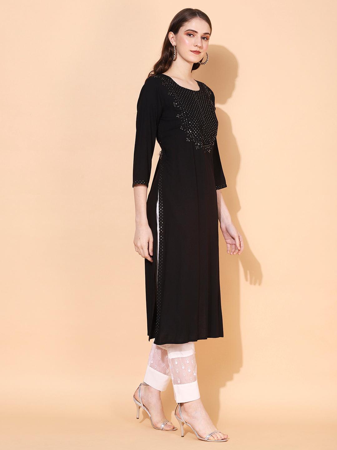 Ethnic Embroidered Straight Fit Kurta – Black - Indiakreations