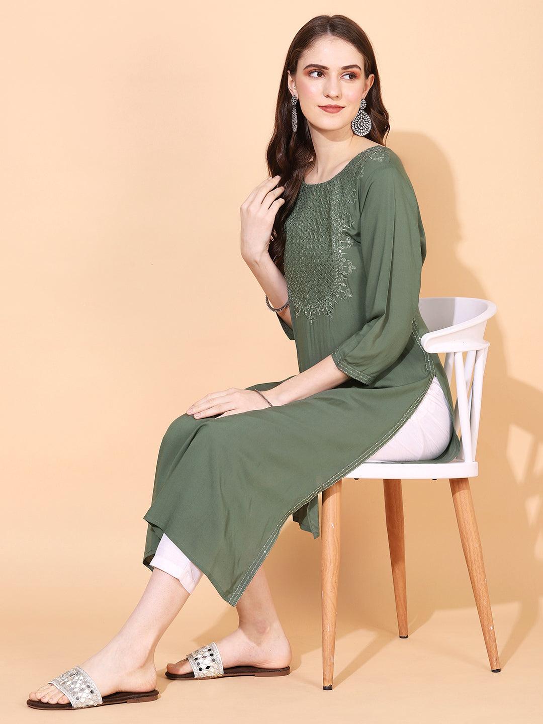 Ethnic Embroidered Straight Fit Kurta – Sage Green - Indiakreations