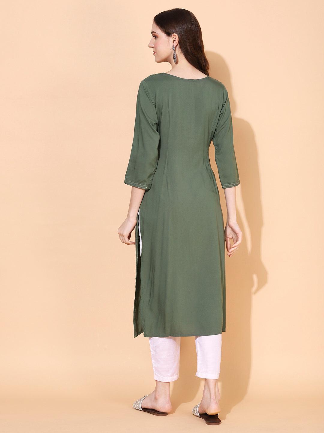 Ethnic Embroidered Straight Fit Kurta – Sage Green - Indiakreations