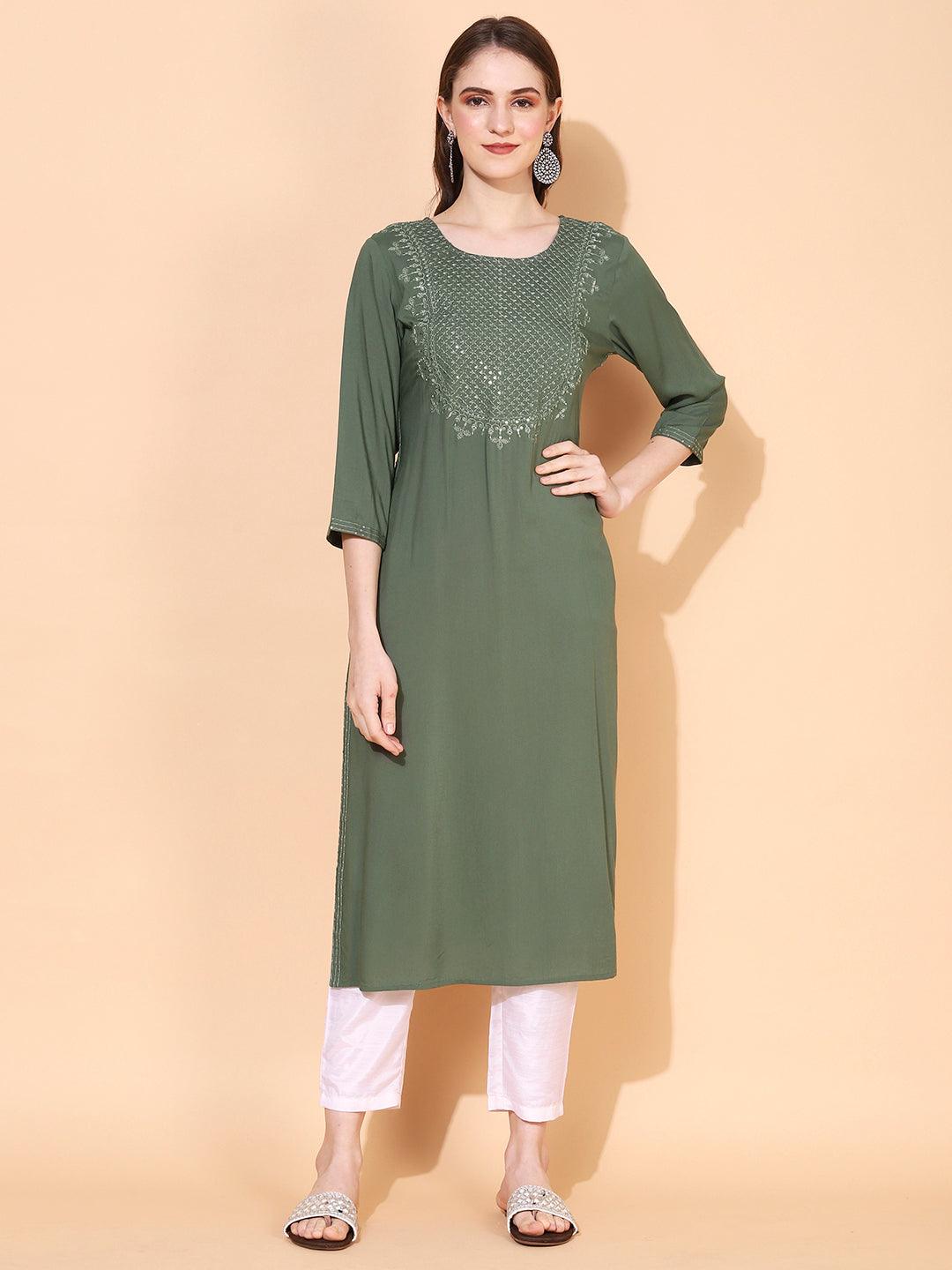 Ethnic Embroidered Straight Fit Kurta – Sage Green - Indiakreations