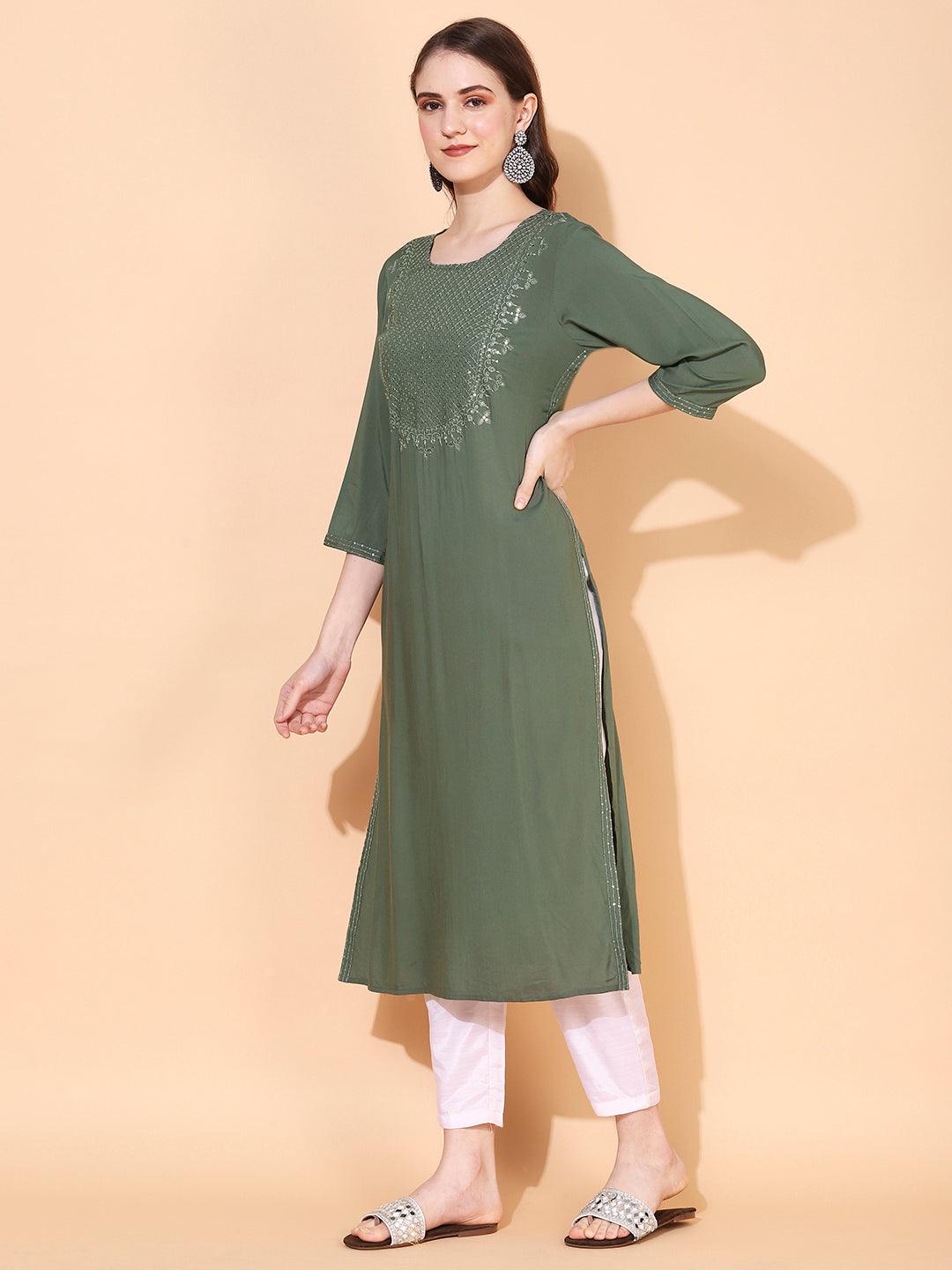 Ethnic Embroidered Straight Fit Kurta – Sage Green - Indiakreations