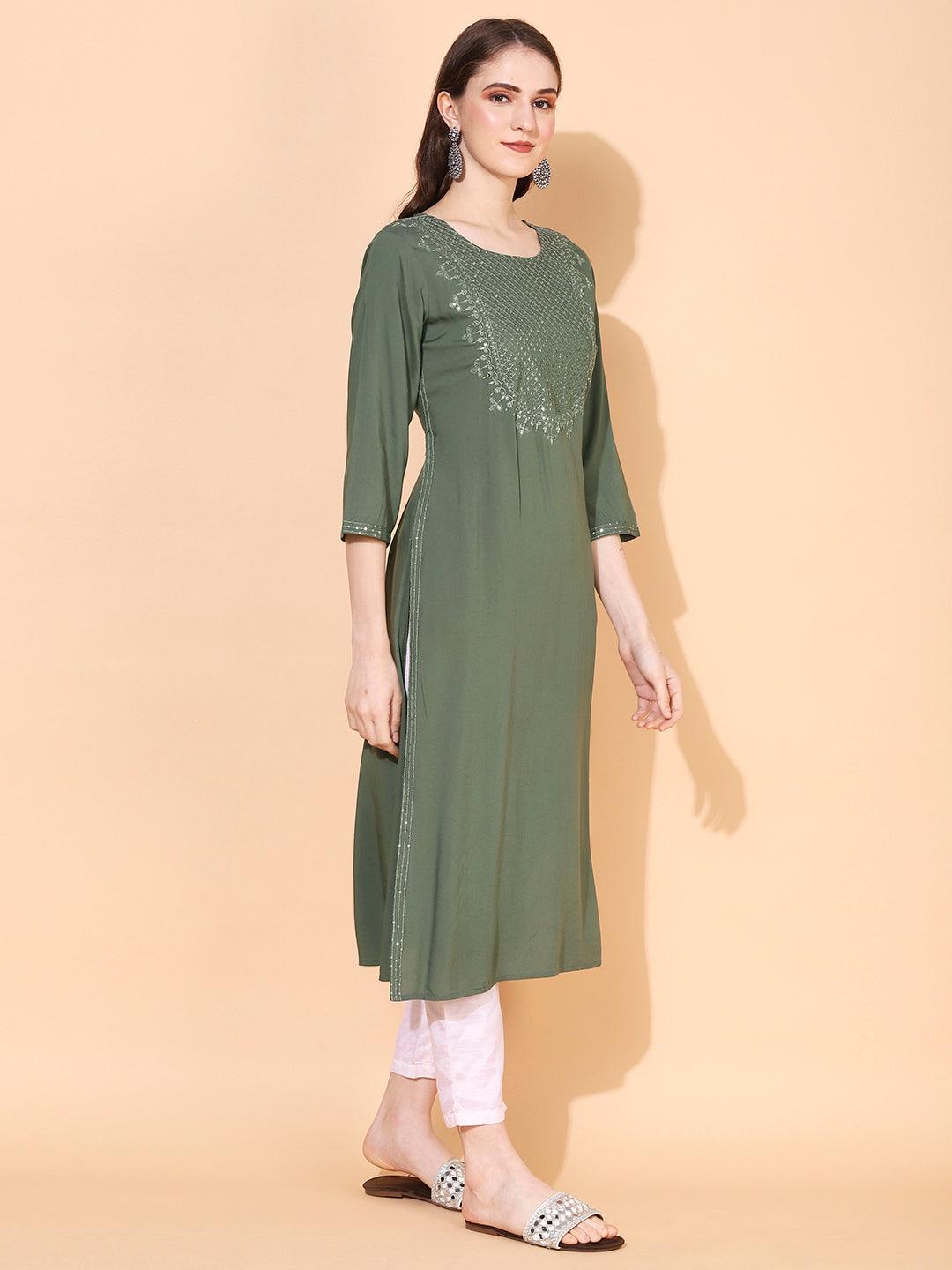 Ethnic Embroidered Straight Fit Kurta – Sage Green - Indiakreations