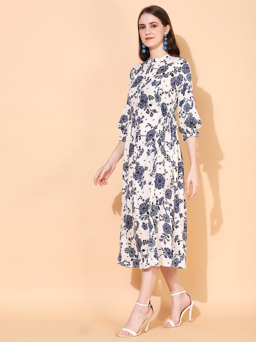 Floral Printed A-Line Midi Dress - Blue - Indiakreations