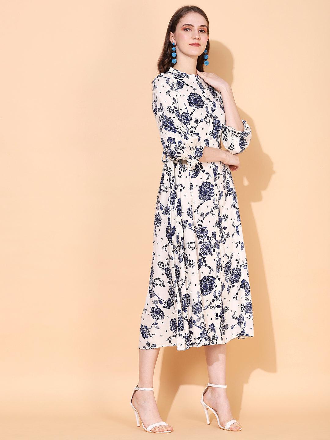 Floral Printed A-Line Midi Dress - Blue - Indiakreations