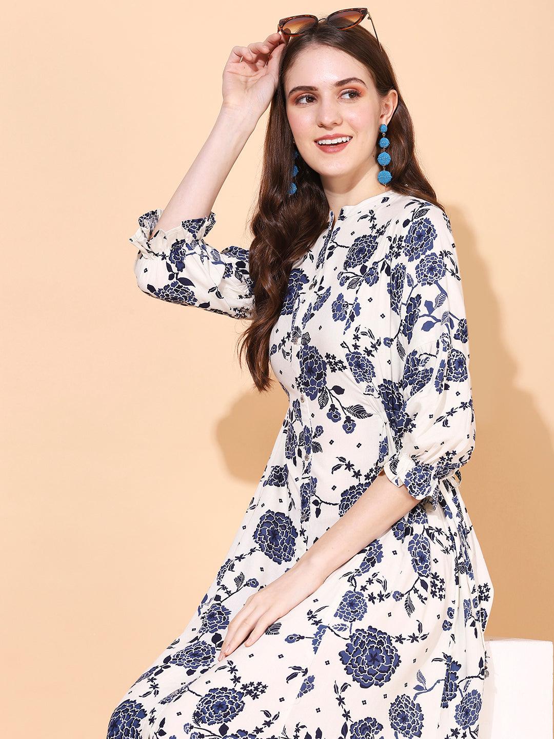 Floral Printed A-Line Midi Dress - Blue - Indiakreations