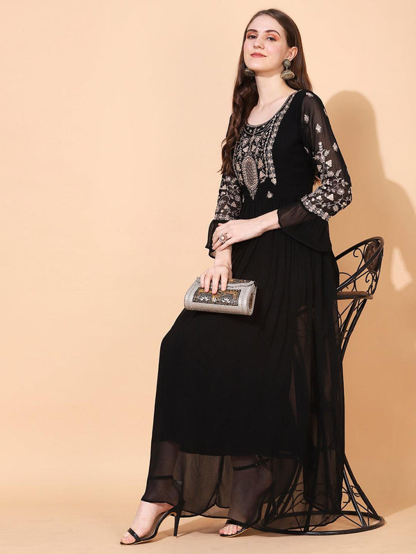 Floral Embroidered Flared Maxi Dress - Black - Indiakreations