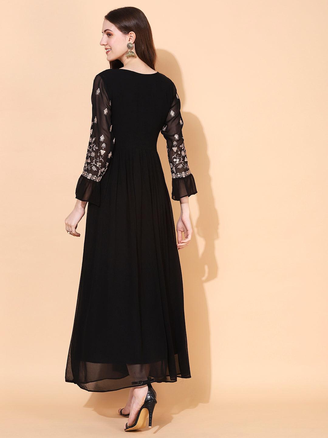 Floral Embroidered Flared Maxi Dress - Black - Indiakreations