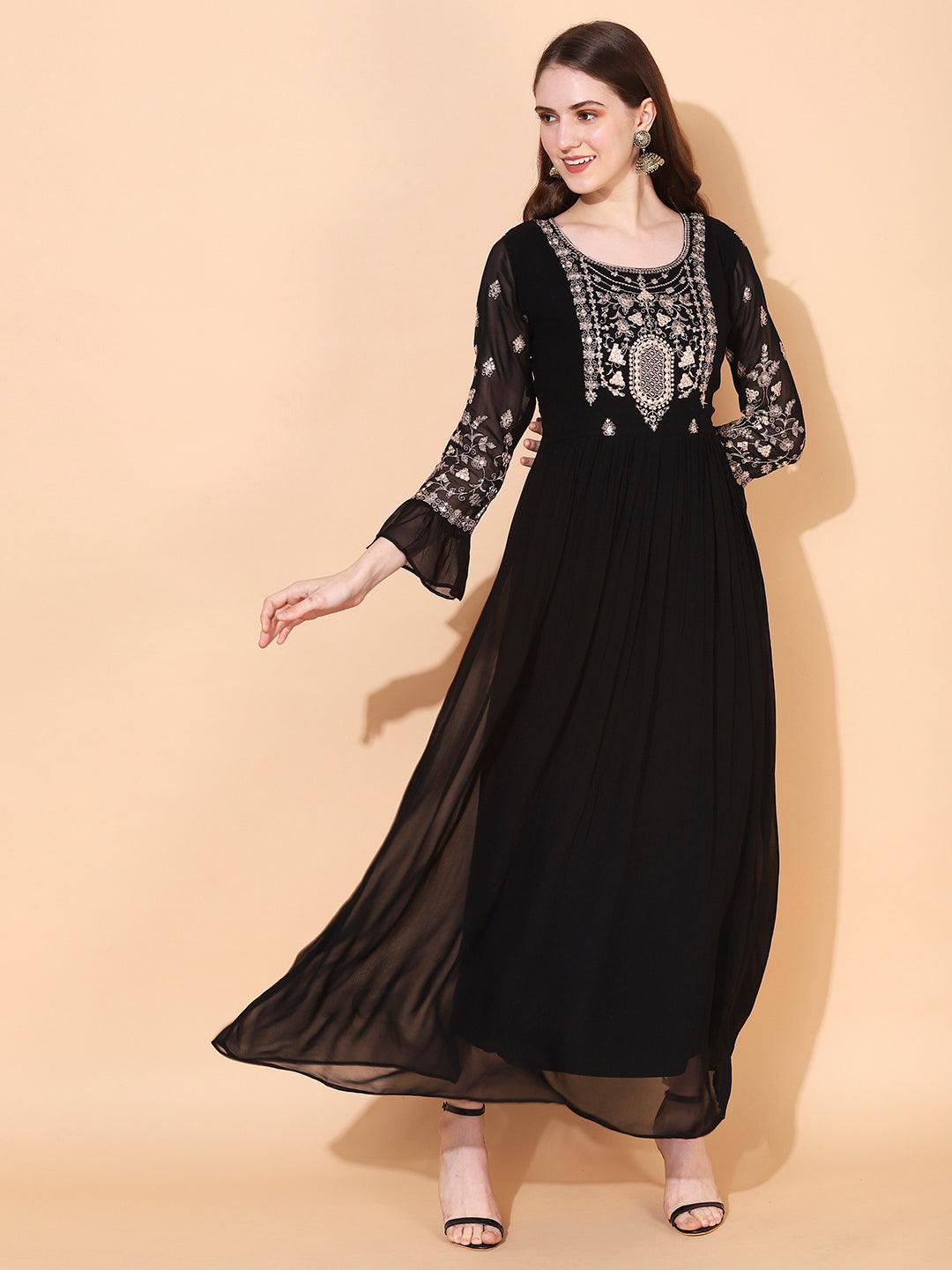 Floral Embroidered Flared Maxi Dress - Black - Indiakreations