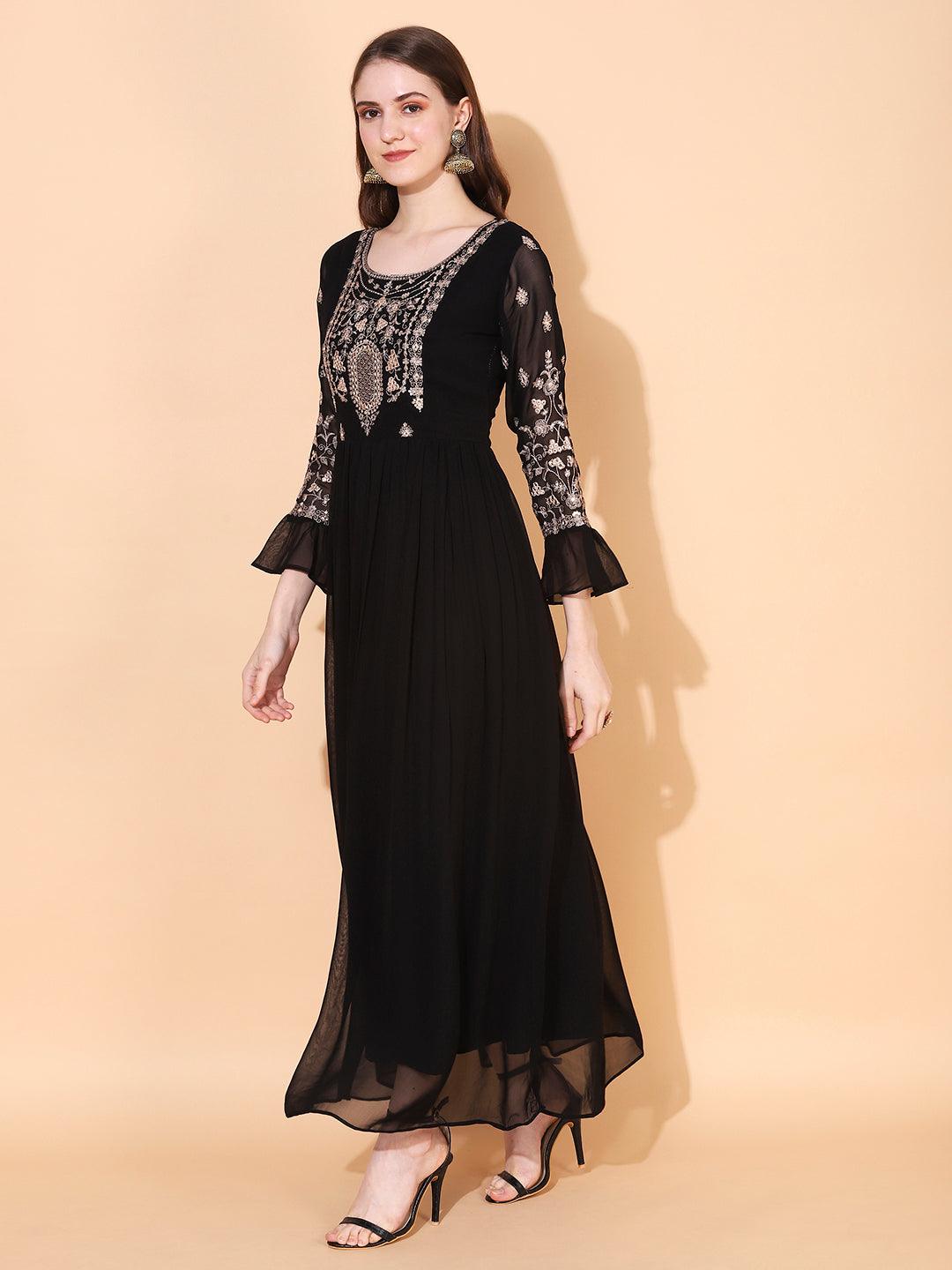 Floral Embroidered Flared Maxi Dress - Black - Indiakreations