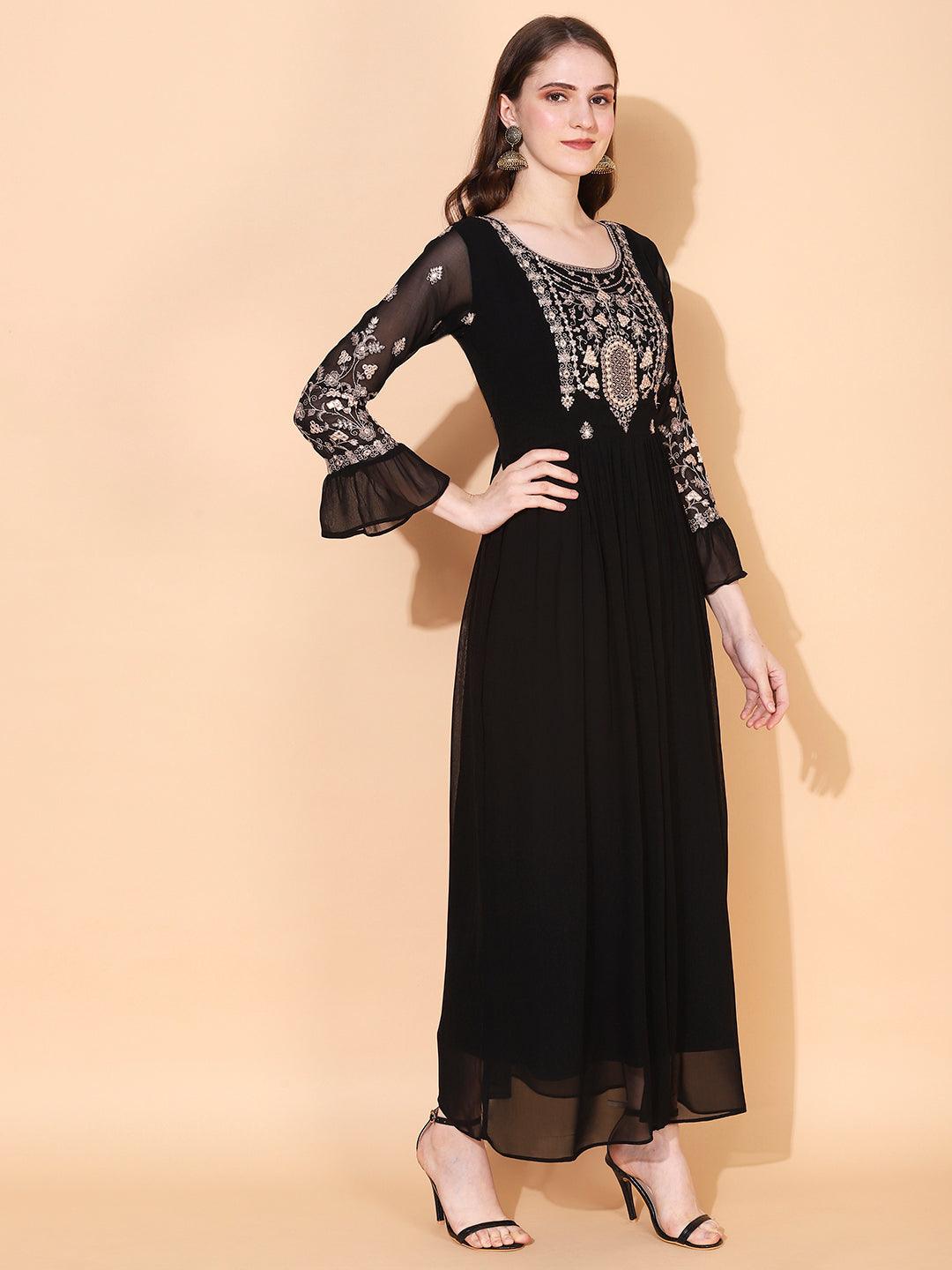 Floral Embroidered Flared Maxi Dress - Black - Indiakreations