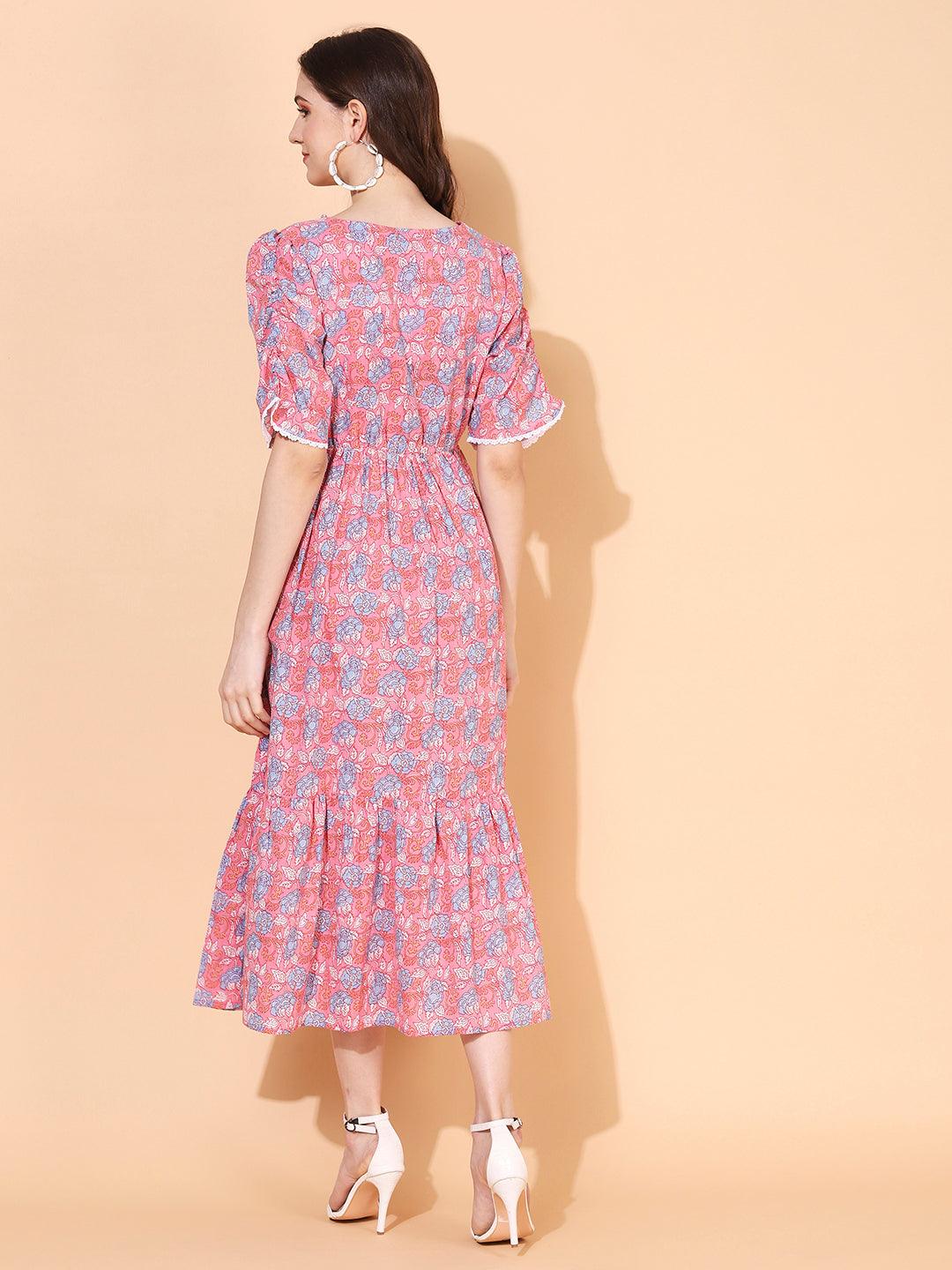 Floral Printed A-Line Midi Dress - Pink - Indiakreations