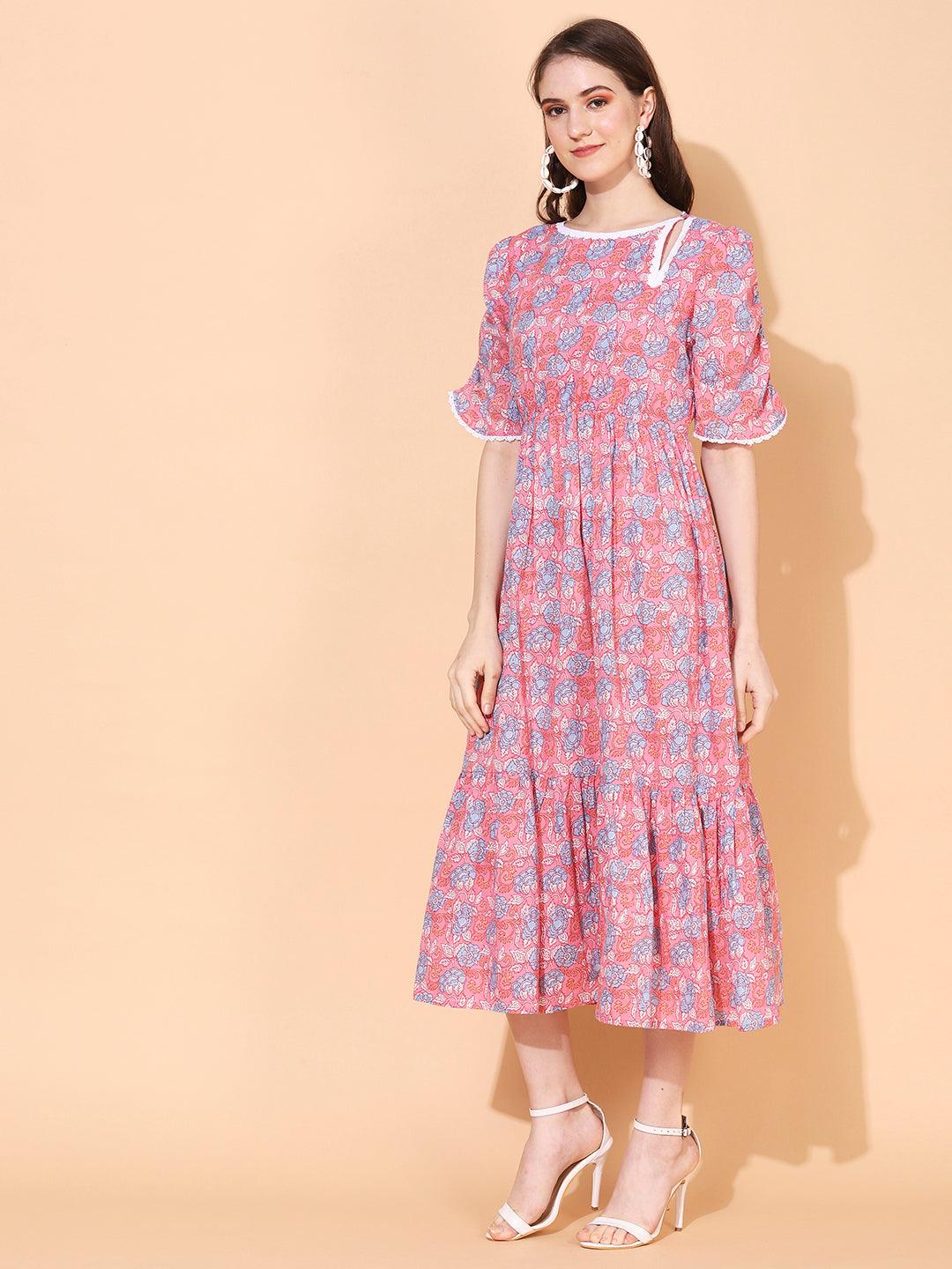 Floral Printed A-Line Midi Dress - Pink - Indiakreations