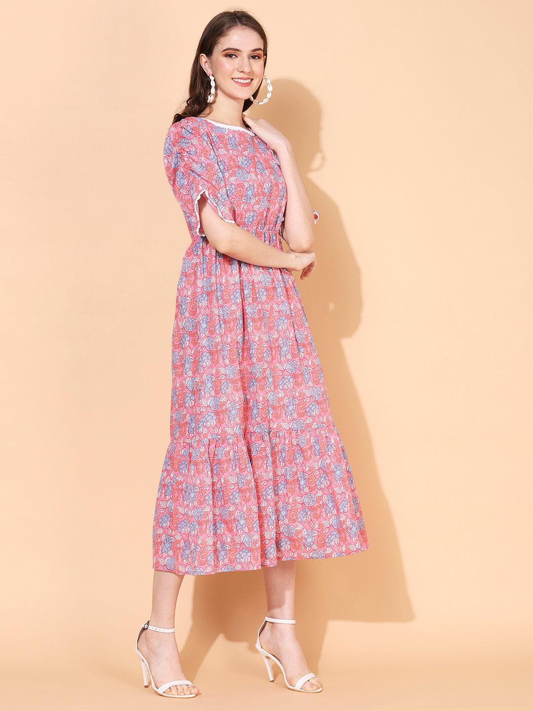 Floral Printed A-Line Midi Dress - Pink - Indiakreations