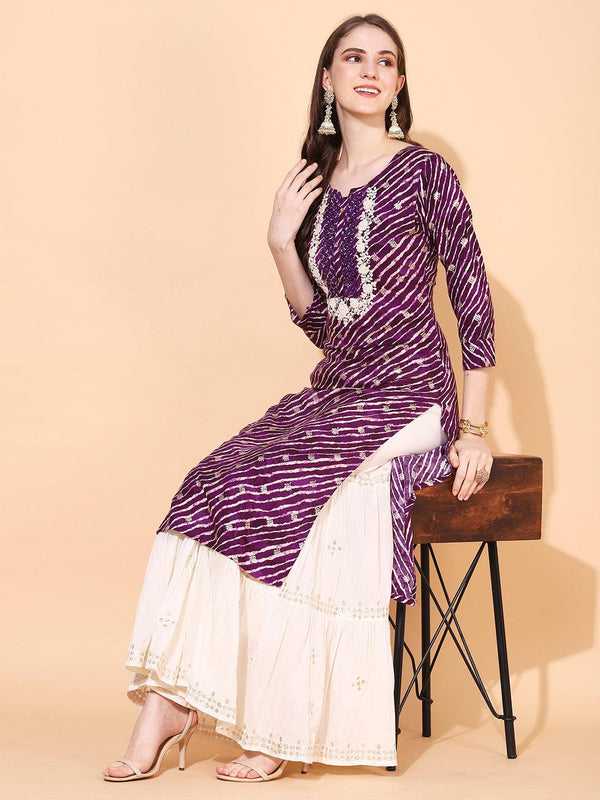 Leheriya Printed & Embroidered Straight Fit Kurta – Deep Purple - Indiakreations