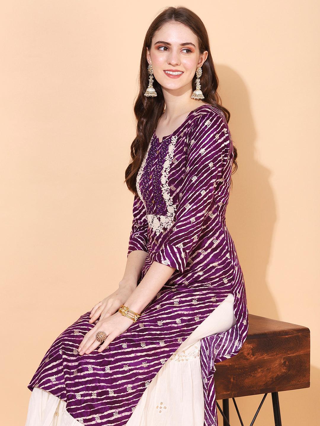 Leheriya Printed & Embroidered Straight Fit Kurta – Deep Purple - Indiakreations