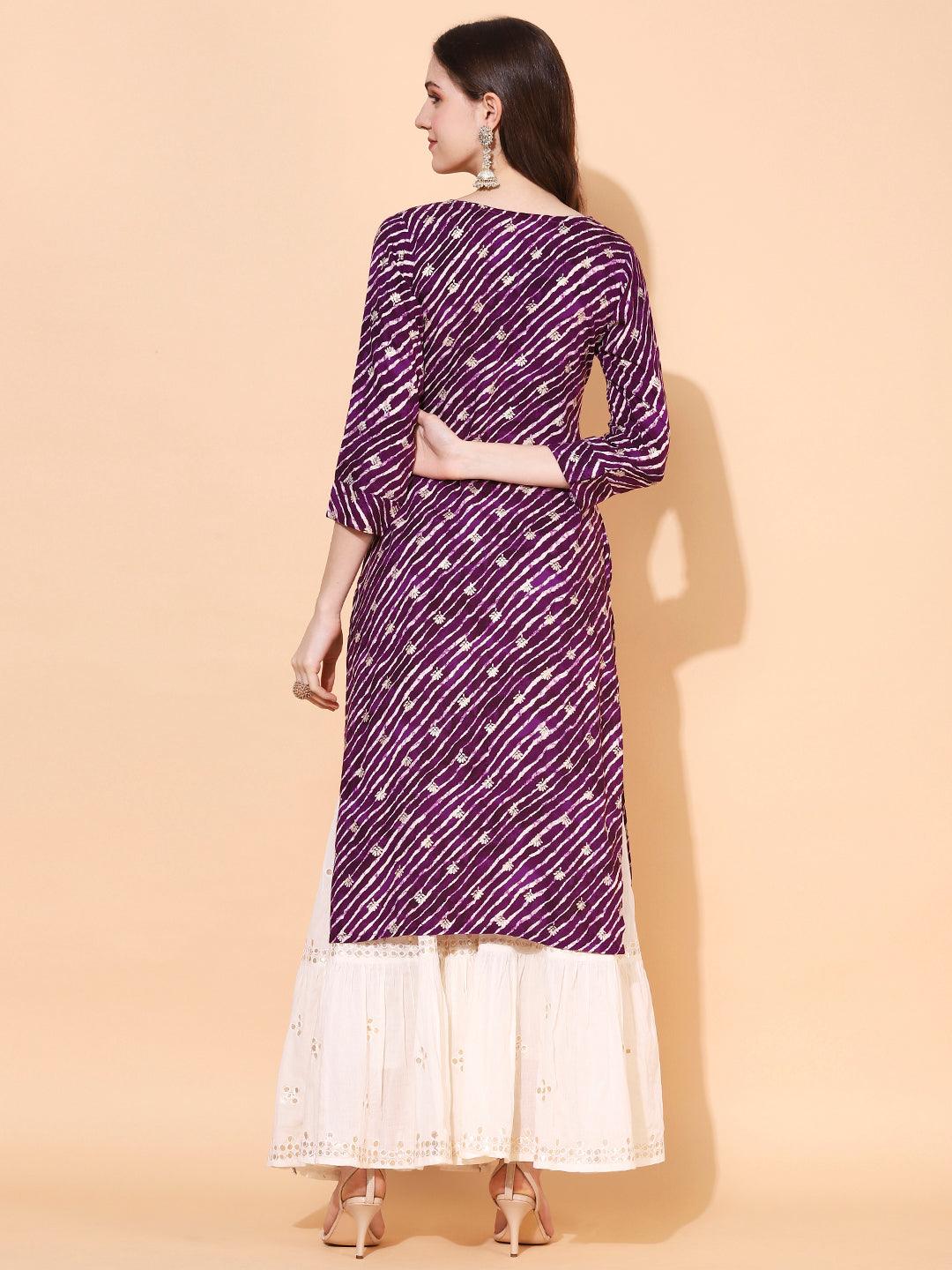 Leheriya Printed & Embroidered Straight Fit Kurta – Deep Purple - Indiakreations